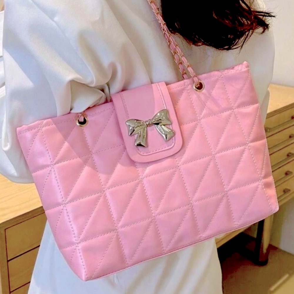 Pink Quilted Silver Bow Handbag Tote Bag Purse Pink Gold Strap Women Fashion